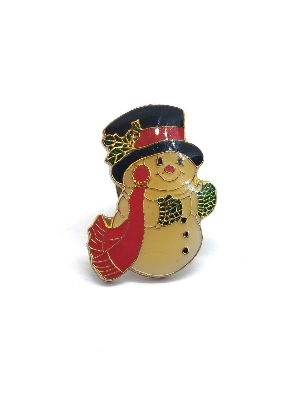 Vintage Snowman Enamel Pin Christmas Winter Top Hat Scarf Holiday Waving